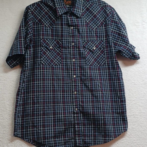 Plains Western Wear Shirt Men's Large Snap Pearl Buttons Blue Short Sleeve Plaid - Picture 4 of 11